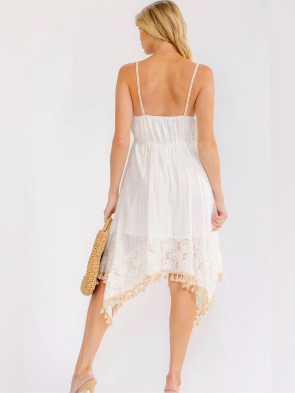 Boho Chic Sleeveless V-Neck Crochet Lace Tassel Midi Dress - Cream NWT - Picture 2 of 4